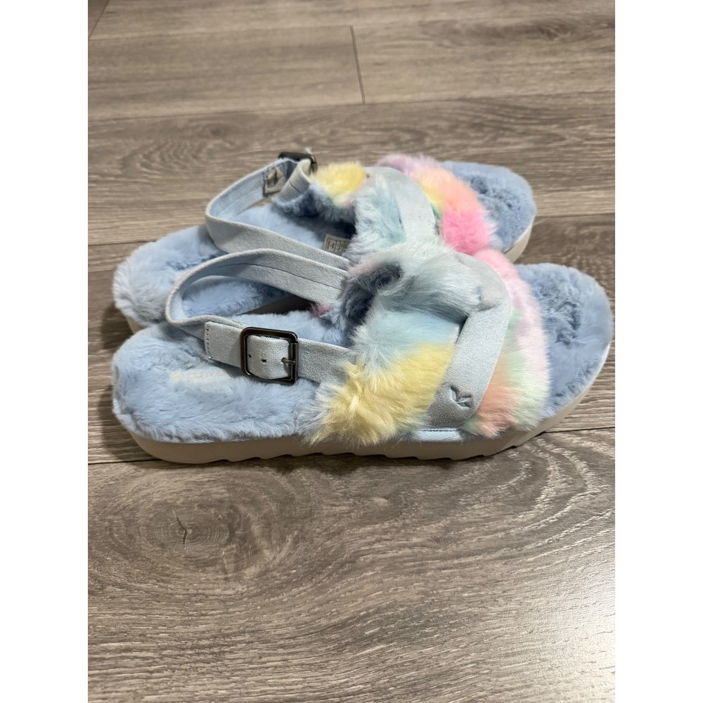 Koolaburra by UGG Imree Light Blue Pastel Rainbow Faux Fur Platform Sandals 11
